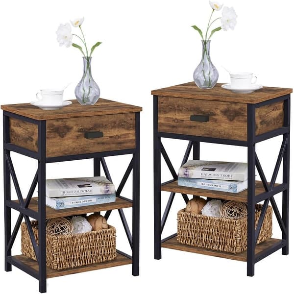 Industrial Rustic Side Table, Small Narrow Night Stand with Drawer 12.2